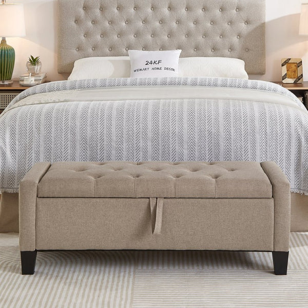 English Elm Ottoman Storage Bench Tufted Linen Upholstered Entryway Seat with Lift Top Shelf Linen W2186P469999