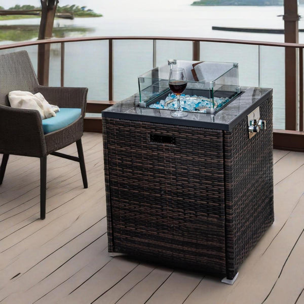 English Elm 24" 50000 BTU Propane Fire Pit Table with Windshield, Ceramic Tile Top, Wicker Base & Cover W85343026