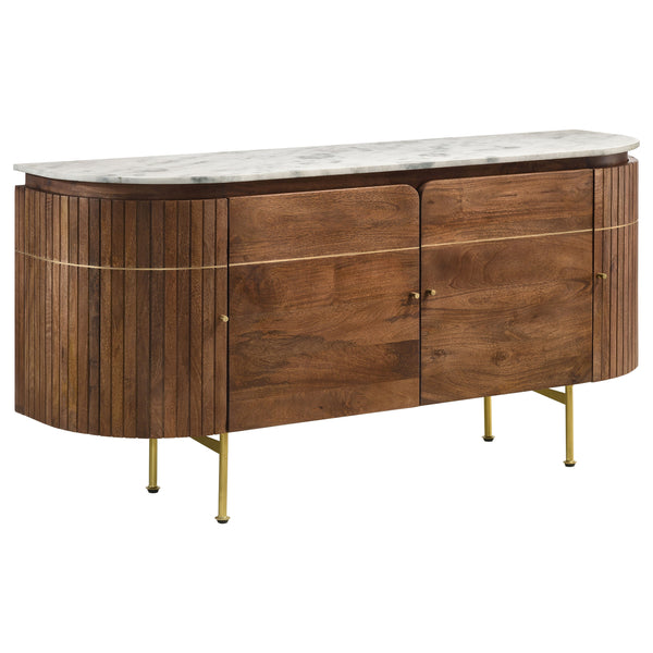 English Elm Feast Natural 4-door Sideboard Buffet Cabinet with White Marble Top, Mango Wood, Brass Inlay, 63" B062P342730