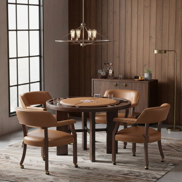 English Elm Gorman Walnut Game Dining Table Set with Faux Leather Nailhead Chairs for 4 B050S00040