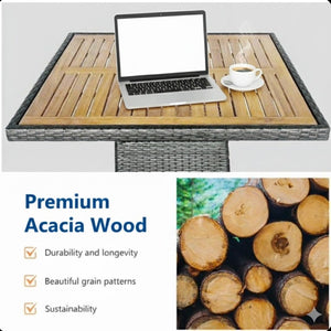 English Elm 1-piece Square Acacia Wood Top Hand-woven Pe Rattan Outdoor Patio Dining Table Gray B082P455163