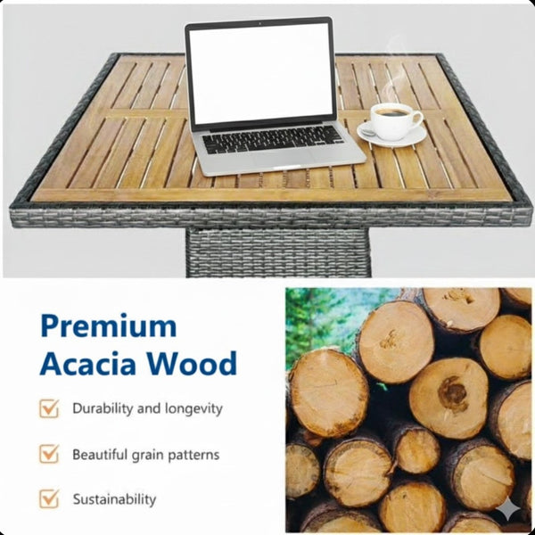 English Elm 1-piece Square Acacia Wood Top Hand-woven Pe Rattan Outdoor Patio Dining Table Gray B082P455163