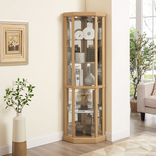 English Elm Lighted Corner Curio Cabinet - Stylish Display Case With Built-In Lighting For Antiques & Wine Storage W1758P294616