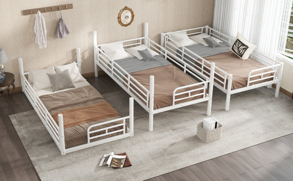 English Elm Twin Triple Metal Bunk Bed Matte Powder Coated Frame with Full Safety Guardrails Light White W1580S00579