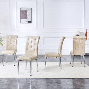 English Elm A Set of 2 Crystal Button Faux Leather Dining Chairs with Embossed Croc Texture Beige,Silver W3226P344041