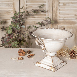 English Elm Vintage Double-Handled Flower Pot Off-White Metal Rustic Charm for Home, Garden, Gift, 10x9 in W2946P243926