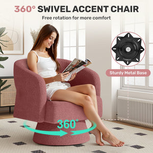 English Elm Swivel Teddy Barrel Accent Chair with Ergonomic Wrap-Around Back, Plush Sherpa Fabric Comfort Dark Pink T3950P407285
