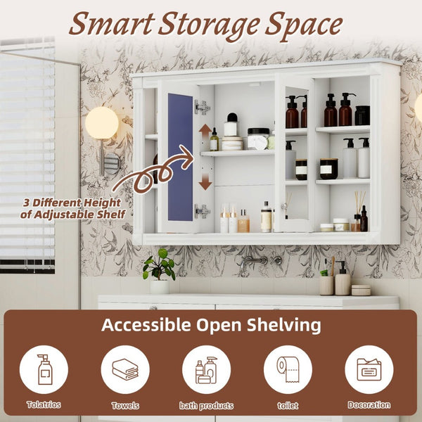 English Elm 47 Inch Wall Mounted Medicine Cabinet with Mirror Open Shelving and Adjustable Storage N710P363550K