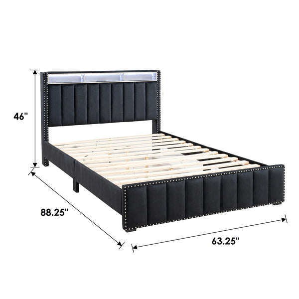 English Elm Contemporary Queen Bedroom Set Channel Tufted Upholstered Bed with Led Headboard Nightstands Black B2741S00773
