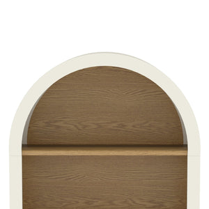 English Elm Arched White & Woodgrain Bookcase with 3 Shelves — Elegant Arched Top, Solid Wood Legs, Versatile Storage W2557P331018
