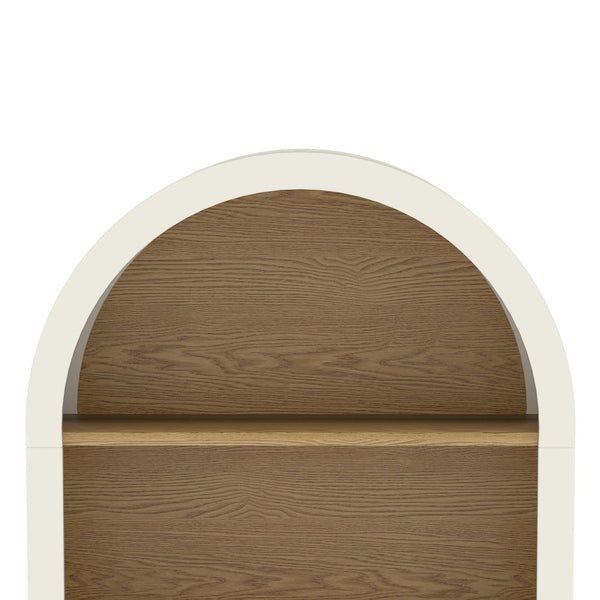 English Elm Arched White & Woodgrain Bookcase with 3 Shelves — Elegant Arched Top, Solid Wood Legs, Versatile Storage W2557P331018