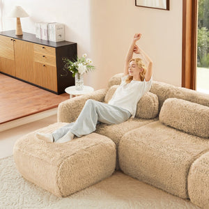 English Elm 149'' Plush Modular Cloud Sofa Boneless Ergonomic Design for Home Theater Lounge Light Khaki W714S01571