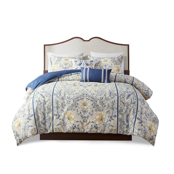 JLA Home Harbor House Blue - 5 Cotton Duvet Cover Set with Yellow & Blue Botanical Print, OEKO‑TEX, Breathable Slub Cotton Design 90 L x 90 W x 1.5H HH12-1803