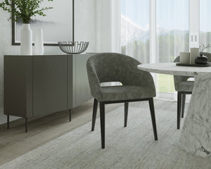 Sunpan THATCHER DINING ARMCHAIR - Stylish Faux Leather & Steel Frame for Modern Industrial Elegance Grey 102743