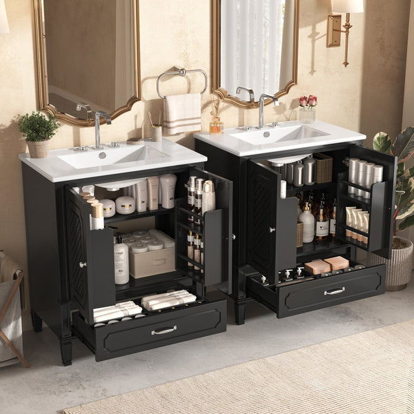 English Elm Christopher Knight Home® - 60" Bathroom Vanity Double Sink Freestanding Set with Ceramic Tops, Ample Adjustable Storage Black N759S313313B