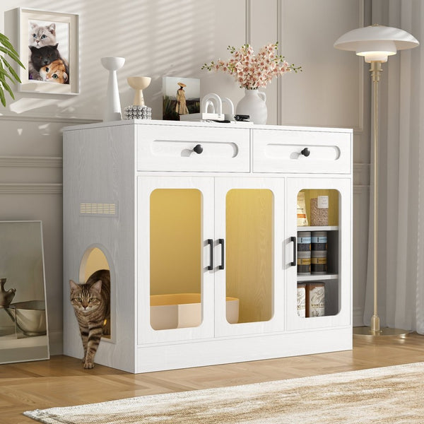 English Elm Cat Litter Box Cabinet with Glass Doors Led Light Drawers and Wood Grain Finish White N704P395520K