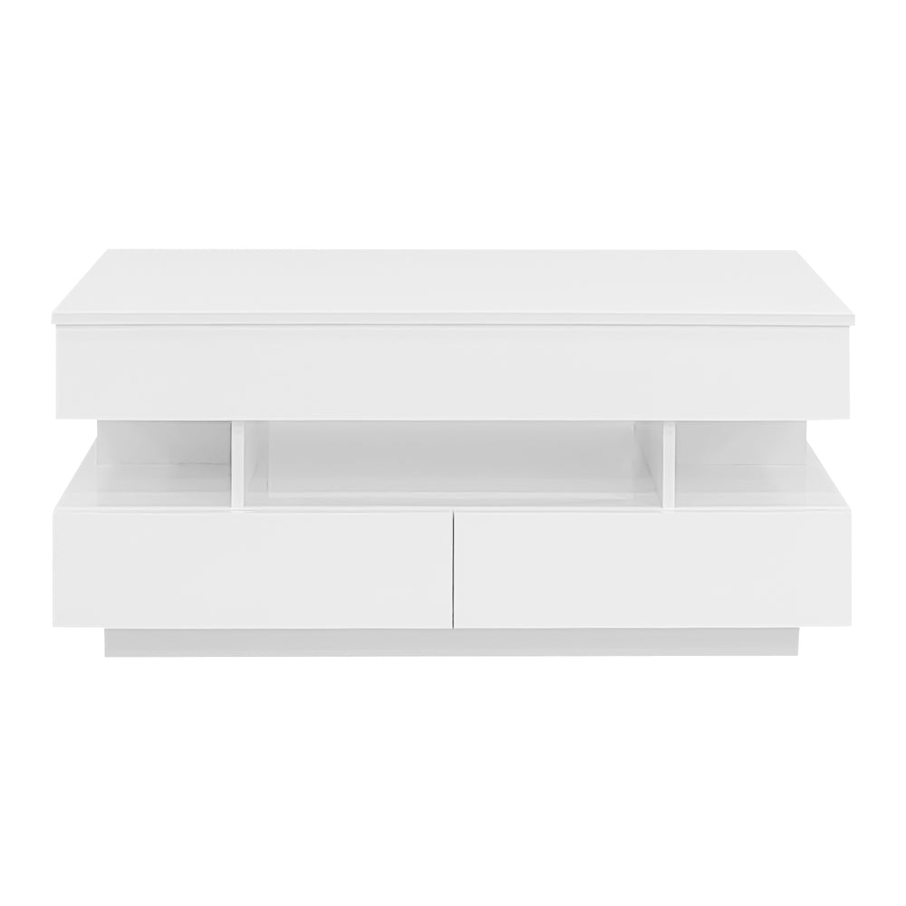 English Elm U-Can Lift-Top Coffee Table with LED Ambient Lighting, Dual Drawers and Adjustable Scalable Design White N724P290058K