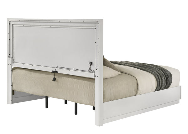 English Elm Esther Gloss White Silver Eastern King Bed with Led Headboard and Embossed Detail B2756S00026