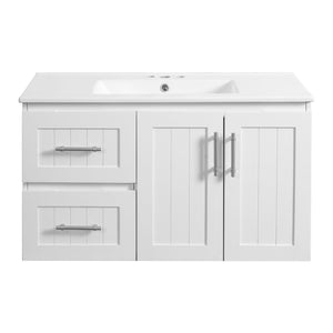 English Elm 36'' Wall Mounted Bathroom Vanity with Ceramic Sink, Solid Wood & MDF Floating Cabinet with Drawers White N710P293299K