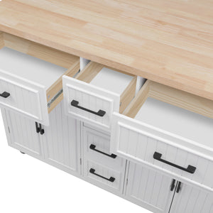 English Elm K&K 56.5" Kitchen Island with Drop Leaf, Embossed Vertical Stripe Barn Doors, Wheels & Charging Hub White N707P263094W