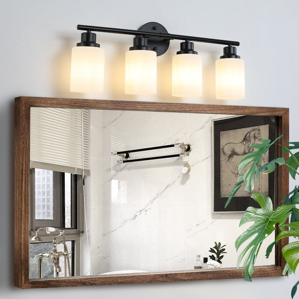 English Elm 24" Modern 4-Light Vanity Wall Sconce - Frosted Glass & Black Iron Frame For Bathroom & Bedroom Elegance W2312P374805