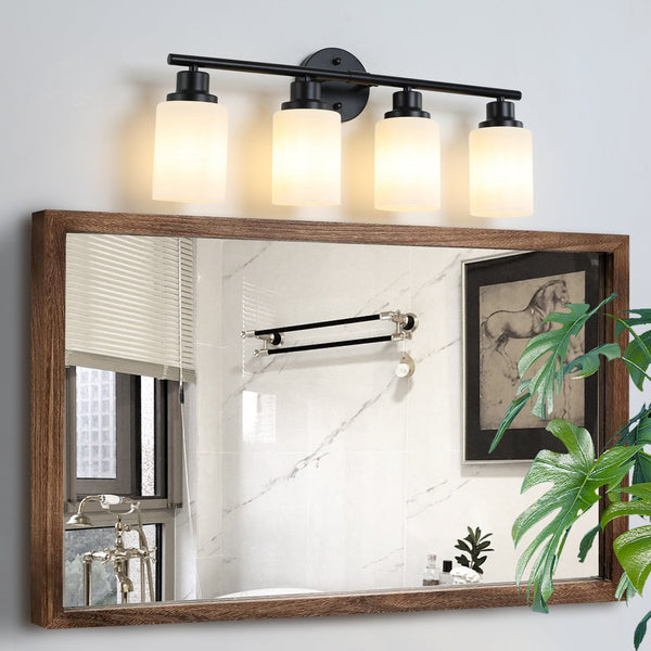 English Elm 24" Modern 4-Light Vanity Wall Sconce - Frosted Glass & Black Iron Frame For Bathroom & Bedroom Elegance W2312P374805