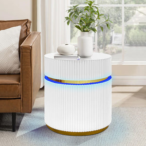 English Elm Tivoli Round Glass Top Side Table with Led Reeded Base and Gold Trim Accent B2749P413290
