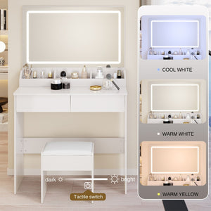 English Elm 31" X 20" Led Vanity Table Set with Cushioned Stool Touch Lighting Small Space White W3258P453340
