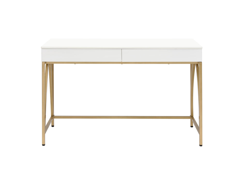 English Elm Lightmane White High Gloss Vanity Desk with Gold Metal Legs, 2 Drawers, Modern Luxury Design B2726P315731