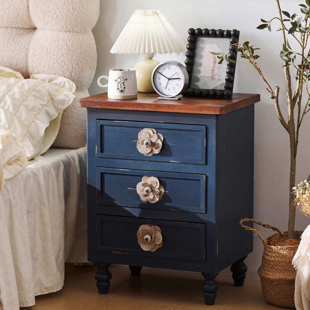 English Elm Vintage Farmhouse End Table with Floral Knobs 3-Drawer Rustic Nightstand Solid Wood Accents Antique Blue,Walnut W3306P318868