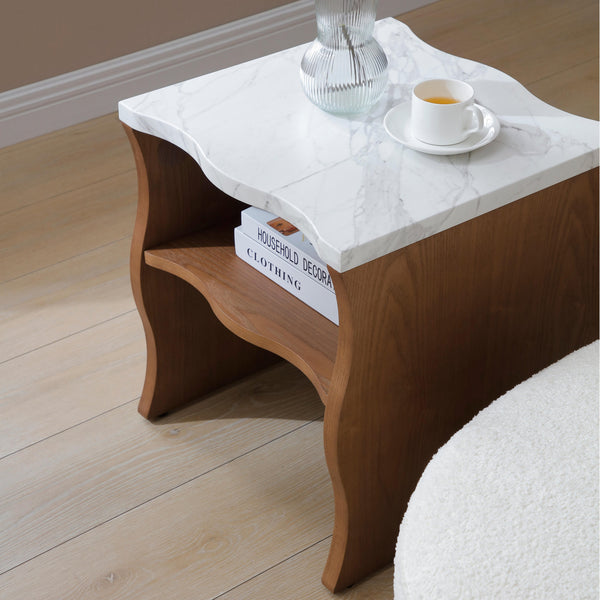 English Elm 17.72" Whisper of Waves Modern End Table with Faux Marble Top, Open Shelf, Stable Minimalist Design for Bedroom Living Room Decor Walnut Brown W2664P346447