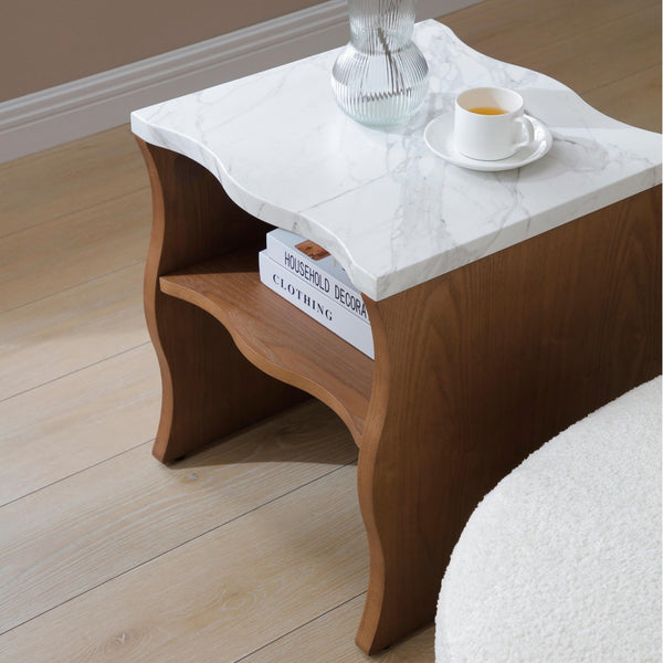 English Elm 2ps, Sculptural Faux Marble End Tables with Open Shelf for Modern Living Rooms Walnut Brown W2664S00073