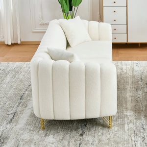 English Elm 85" Oversized Chenille Sofa Luxury 3-Seater Deep Tufted Couch with Gold Metal Legs and Pillows Beige W3373S00034