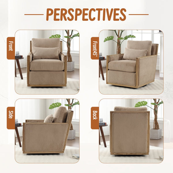 English Elm Corduroy Swivel Barrel Chair with Plush Foam Cushion, 360° Metal Base, Durable Hardwood Frame, Cozy Sitting Experience Camel W395P209394