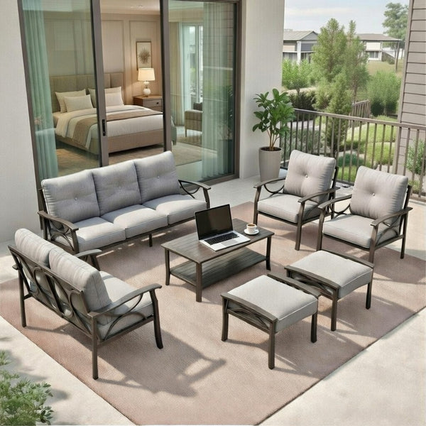 English Elm 7-piece Outdoor Sectional Set Steel Frame 9 Seat Patio Conversation with Cushioned Ottomans Gray B082S00125