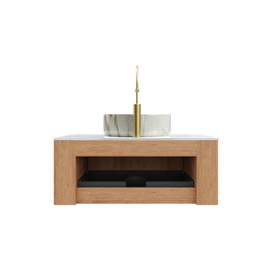 English Elm Dina Floating Bathroom Vanity Sintered Stone Top Glass Basin Striped Plywood Cabinet W2615S00509