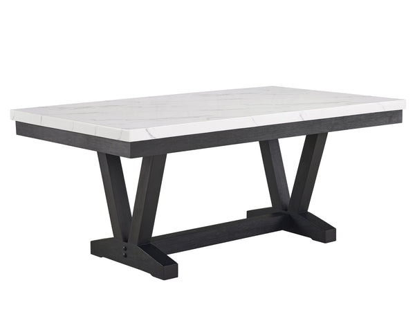 English Elm 1pc Faux Marble Rectangular Dining Table with Glossy Top and Black Trestle Wood Base, Modern Centerpiece White 76 L x 46 W x 13 H B011P196932