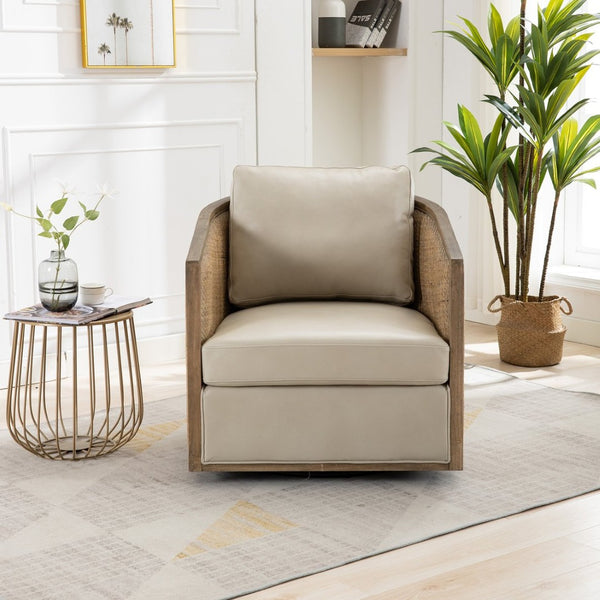 English Elm Swivel Barrel Chair Faux Leather Rattan Accent Seat with 360 Base for Living Room W395102741
