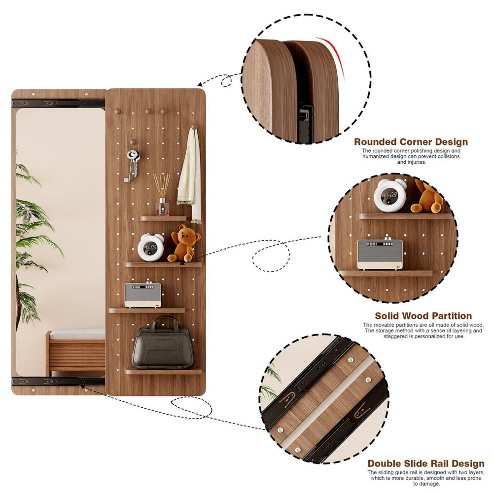 English Elm 47.6 Inch Sliding Full Length Mirror with Hidden Rubber Wood Storage Panel for Bedroom W2987P289181