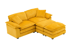 English Elm Corduroy Plush 2-Seat Sofa with 2 Back Cushions, Toss Pillows & Ottomans — Deep Seat Comfort Yellow W2363S00063