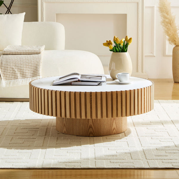 English Elm 35.43'' Modern Nesting Round Sintered Stone Tabletop — Compact Pedestal Coffee Table for Apartments Oak W876P262208