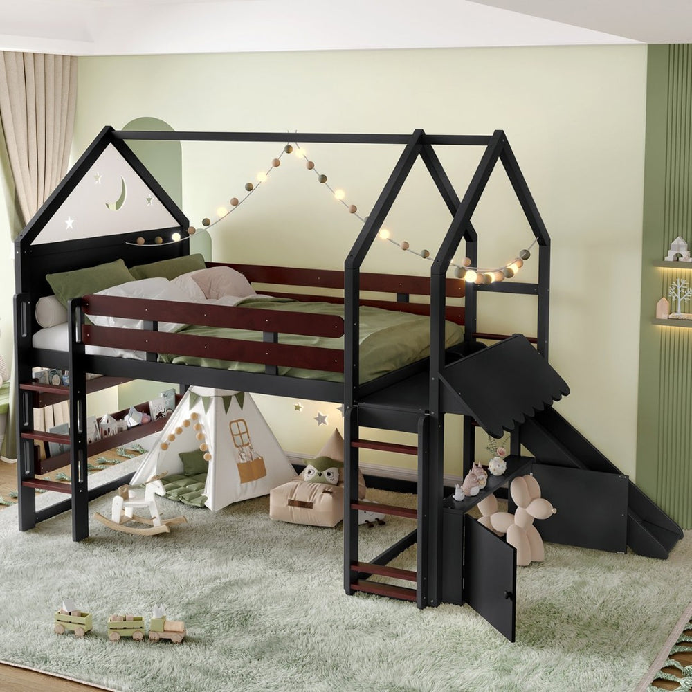 English Elm Full Size Pine Loft Bed House Frame with Slide Bookshelves and Moon Star Rails W1580S00314