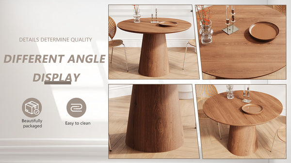 English Elm 43 inch circular dining table with minimalist MDF grain finish, sturdy Nordic base, quick 10–15min assembly, elegant family centerpiece Walnut W1727S00020