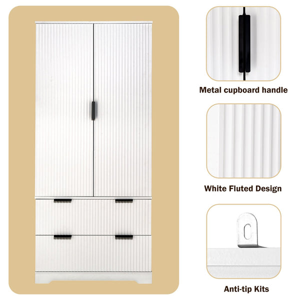 English Elm 72" Modern Fluted Pantry Cabinet with 2 Large Silent Drawers, 8-Door Spice Rack & Adjustable Shelf Organizer White W2917P294993