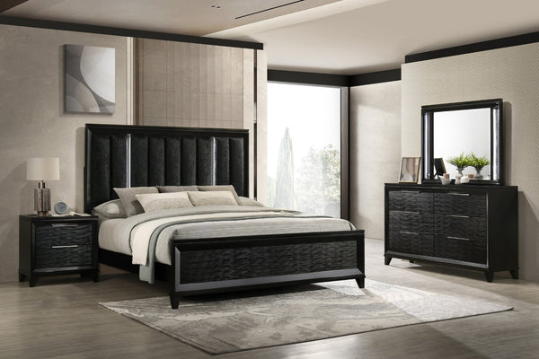 English Elm Simple Full Platform Bed Tufted Headboard with Led Lighting Shelves White Wash Finish B2741S00913