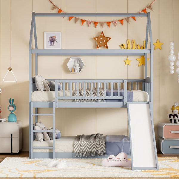 English Elm Twin Over Solid Wood House Bunk Bed with Built-in Slide and Gray Finish LT100213AAE-1