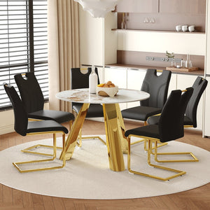 English Elm Table 42-Inch White Imitation Marble Dining Set With 6 Elegant Black Chairs & Gold Metal Legs W2920S00052-GIGA
