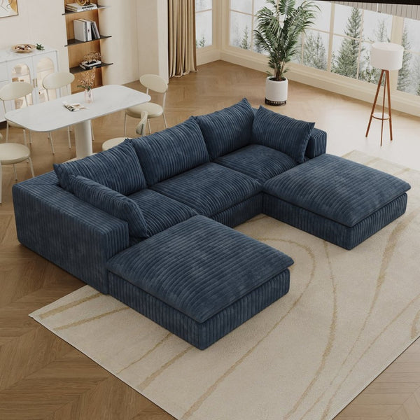 English Elm 118.2" Modular Cloud Sofa Corduroy Upholstered Deep Seat Lounge for Living Room Blue W2824S00155