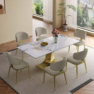 English Elm 71" Rectangular Dining Table with Sintered Stone Top and Gold-Plated Hourglass Base, Durable Modern Design for 6-8 Guests Gold+White W2700S00046