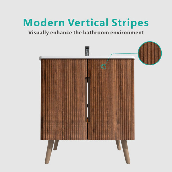 English Elm U094-Etna30F-305 Striped Walnut 30" Bathroom Vanity with Sink, Curved Edges, Soft-Close Doors, Storage W1865S00060